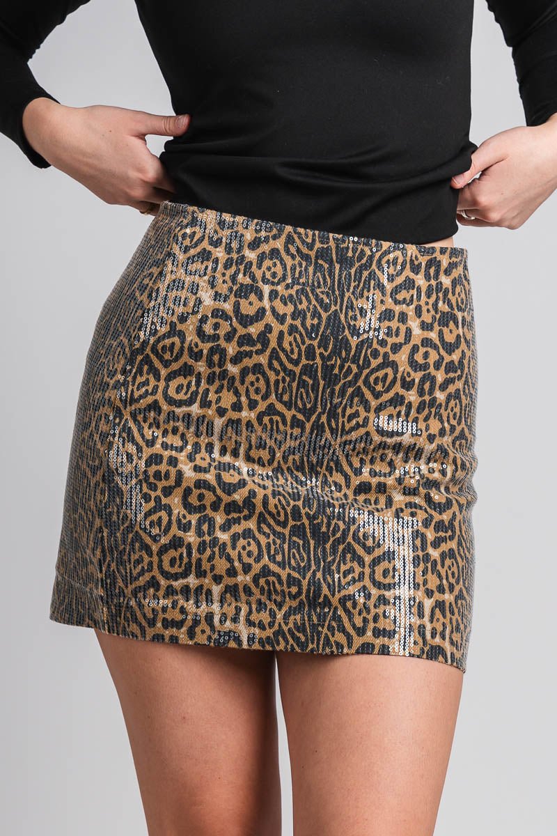 Sequin leopard skirt brown/black | Lush Fashion Lounge: boutique fashion skirts, affordable boutique skirts, cute affordable skirts