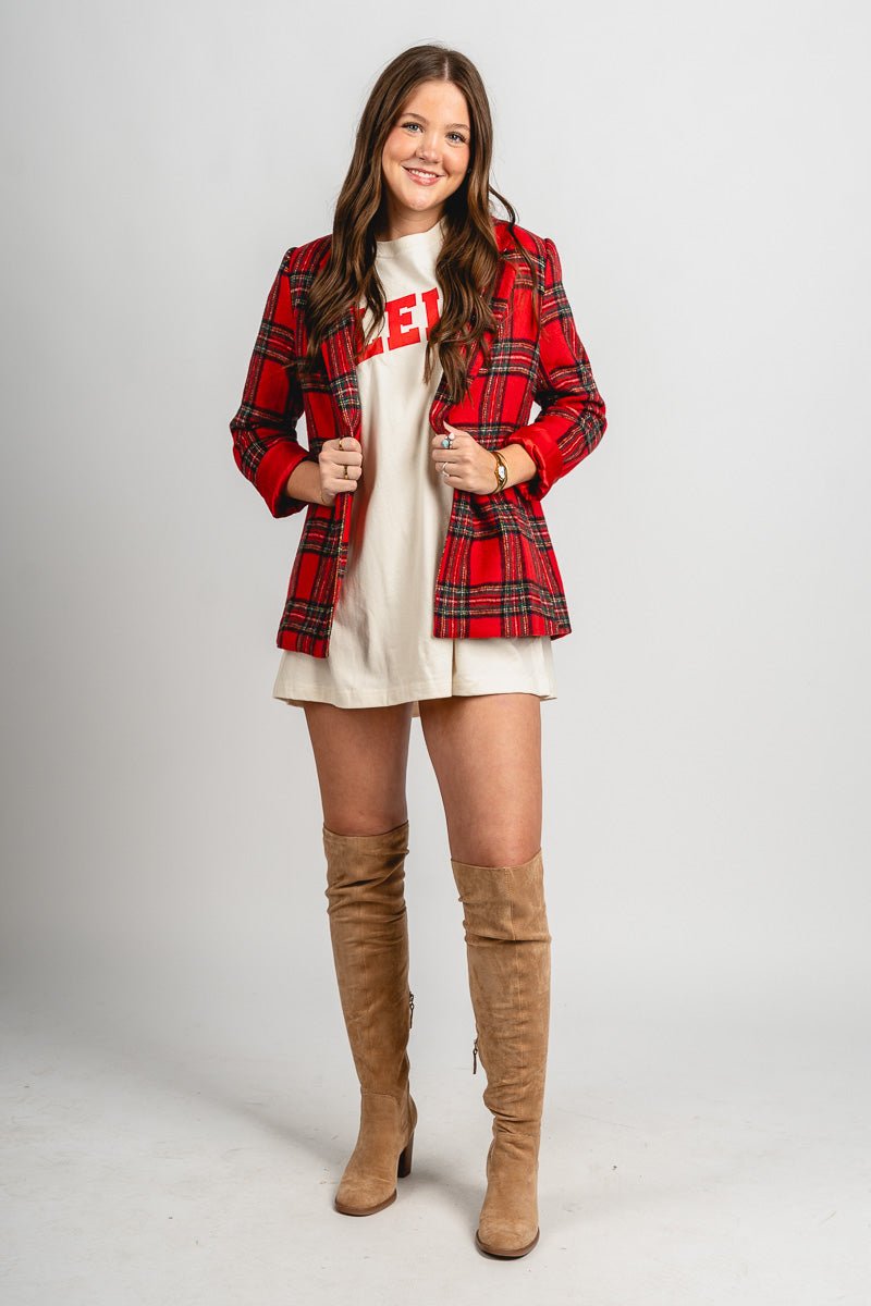 Plaid flannel blazer red/green – Fashionable Jackets | Trendy Blazers at Lush Fashion Lounge Boutique in Oklahoma City