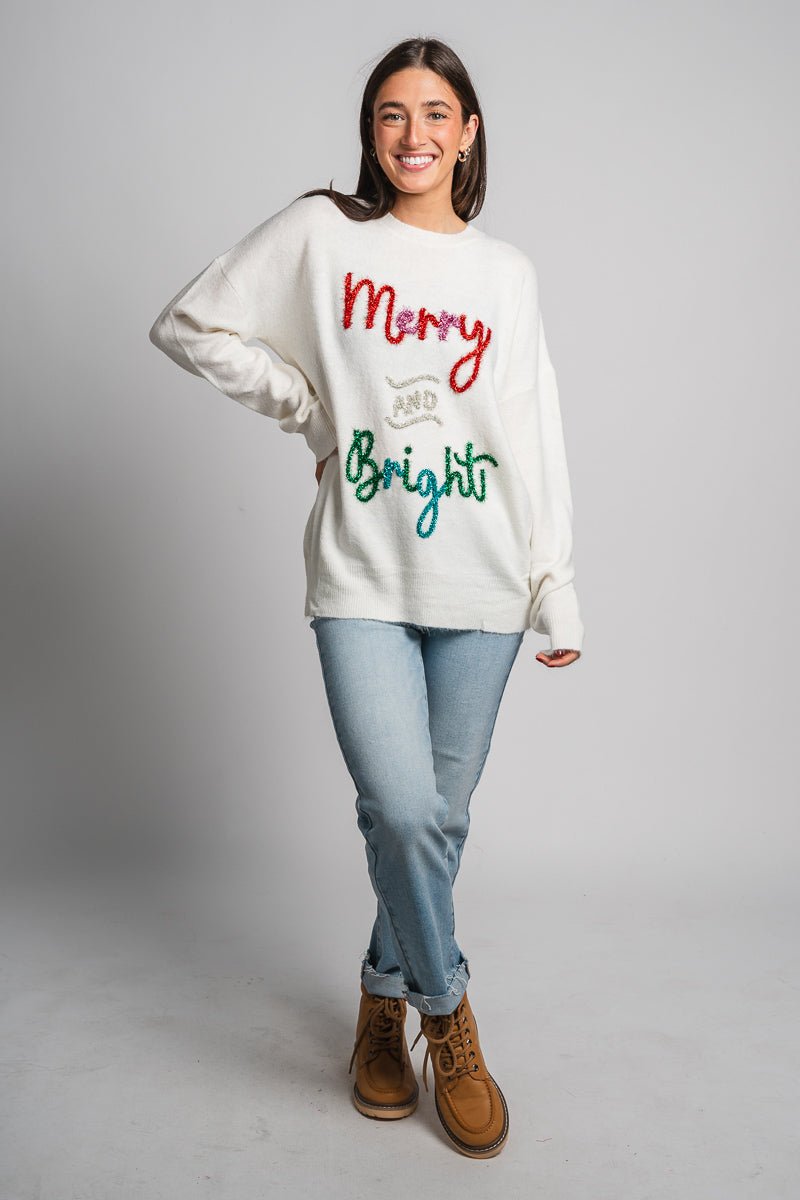 Merry & Bright tinsel sweater white – Unique Sweaters | Lounging Sweaters and Womens Fashion Sweaters at Lush Fashion Lounge Boutique in Oklahoma City