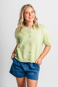 Short sleeve sweater cardigan light green - Affordable Cardigan - Boutique Cardigans & Trendy Kimonos at Lush Fashion Lounge Boutique in Oklahoma City