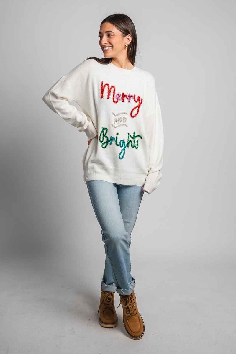 Merry & Bright tinsel sweater white