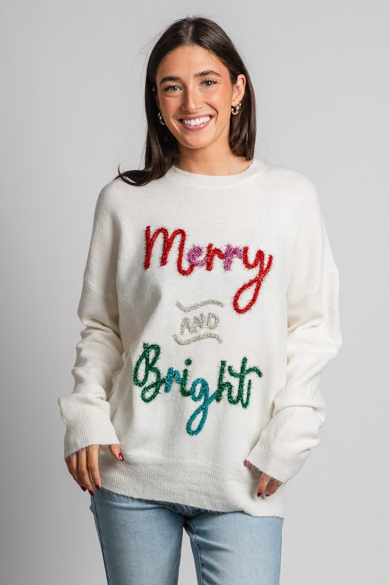 Merry & Bright tinsel sweater white – Boutique Sweaters | Fashionable Sweaters at Lush Fashion Lounge Boutique in Oklahoma City