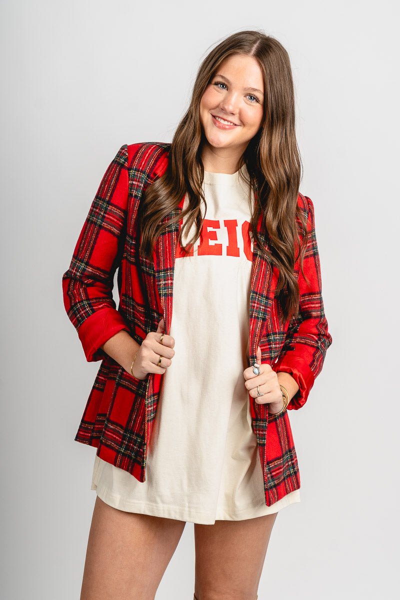 Plaid flannel blazer red/green – Trendy Jackets | Cute Fashion Blazers at Lush Fashion Lounge Boutique in Oklahoma City