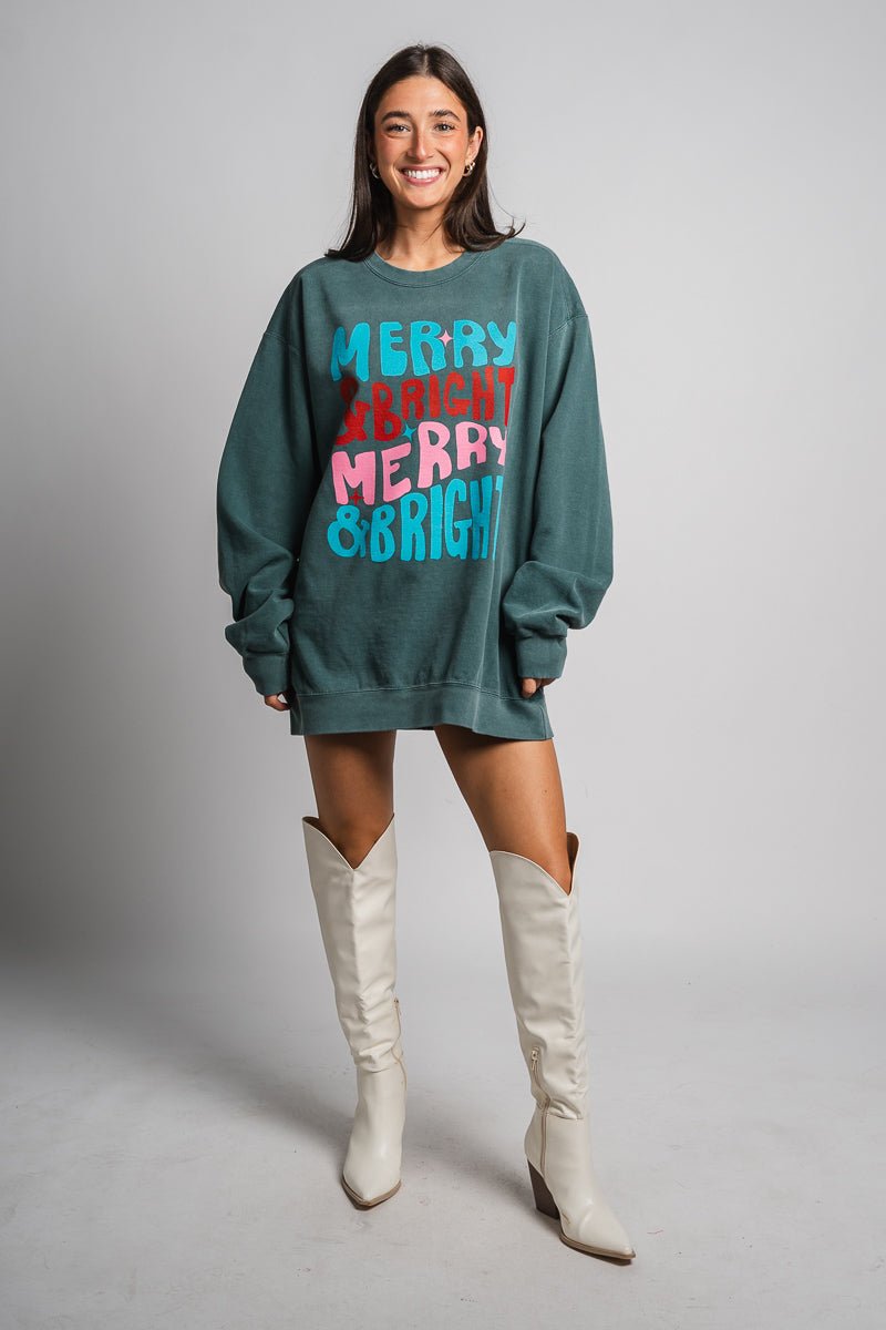 Merry & Bright repeater oversized sweatshirt blue spruce - Exclusive Collection of Holiday Inspired T-Shirts and Hoodies at Lush Fashion Lounge Boutique in Oklahoma City