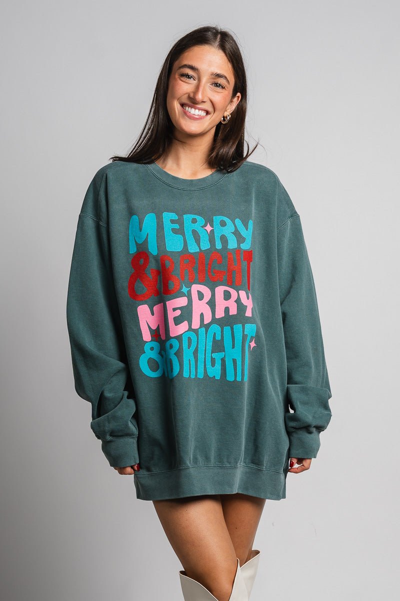 Merry & Bright repeater oversized sweatshirt blue spruce - Trendy Holiday Apparel at Lush Fashion Lounge Boutique in Oklahoma City