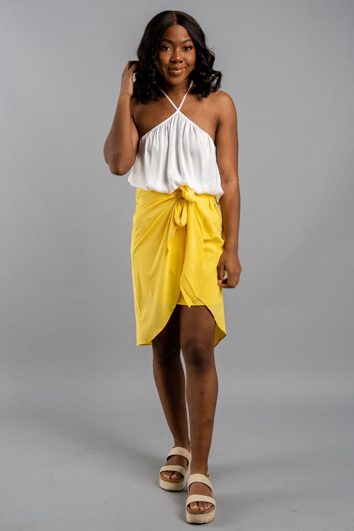 Front wrap midi skirt yellow fawn - Fun Skirts - Unique Getaway Gear at Lush Fashion Lounge Boutique in Oklahoma