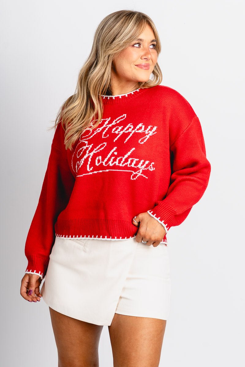 Happy Holidays sweater red – Stylish Sweaters | Boutique Sweaters at Lush Fashion Lounge Boutique in Oklahoma City