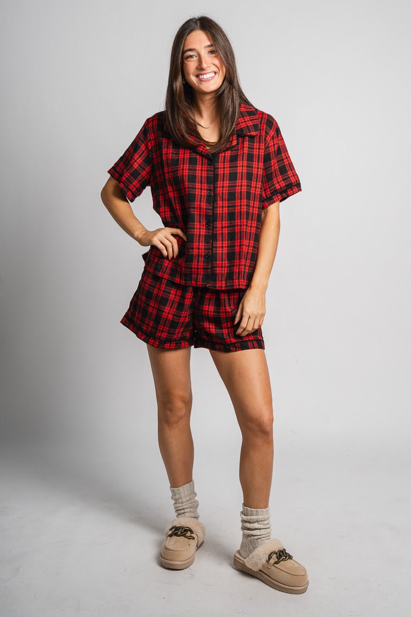 Plaid button up top red - Stylish top - Trendy Lounge Sets at Lush Fashion Lounge Boutique in Oklahoma City