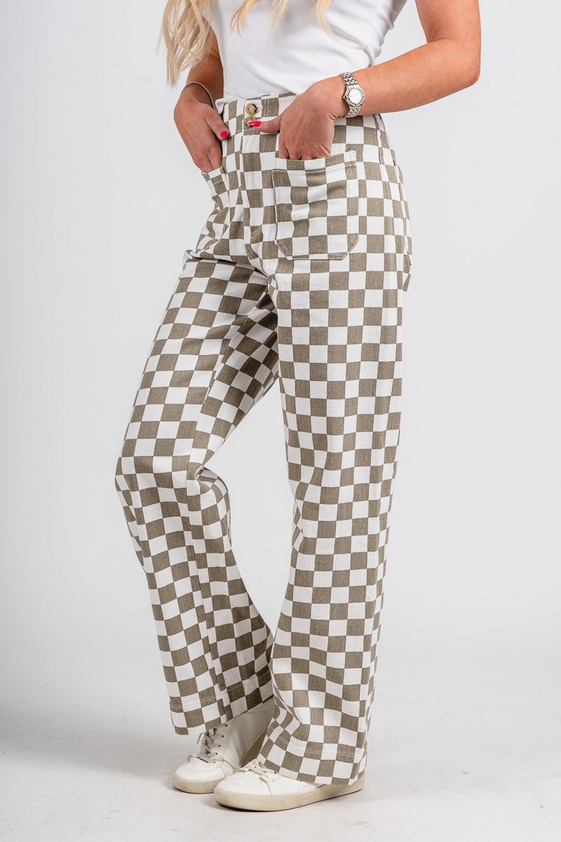 Checkered pants tan | Lush Fashion Lounge: women's boutique pants, boutique women's pants, affordable boutique pants, women's fashion pants