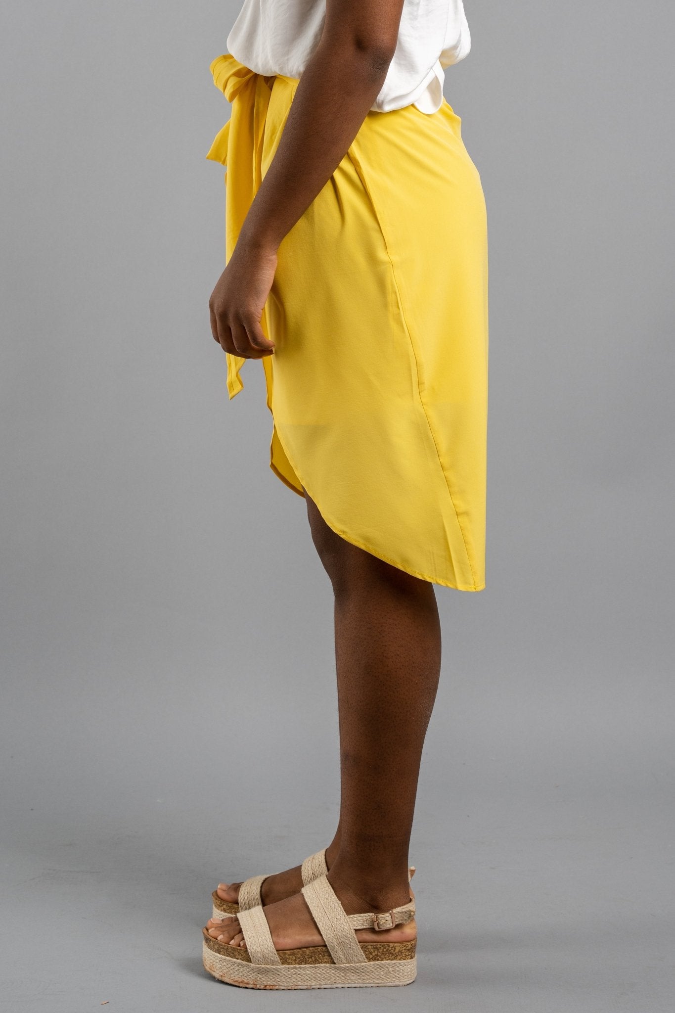 Front wrap midi skirt yellow fawn - Stylish Skirts - Trendy Staycation Outfits at Lush Fashion Lounge Boutique in Oklahoma City