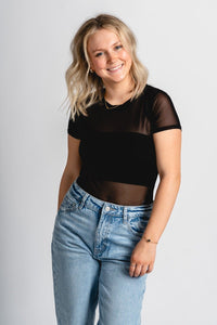 Short sleeve mesh bodysuit black - Affordable Bodysuit - Boutique Bodysuits at Lush Fashion Lounge Boutique in Oklahoma City