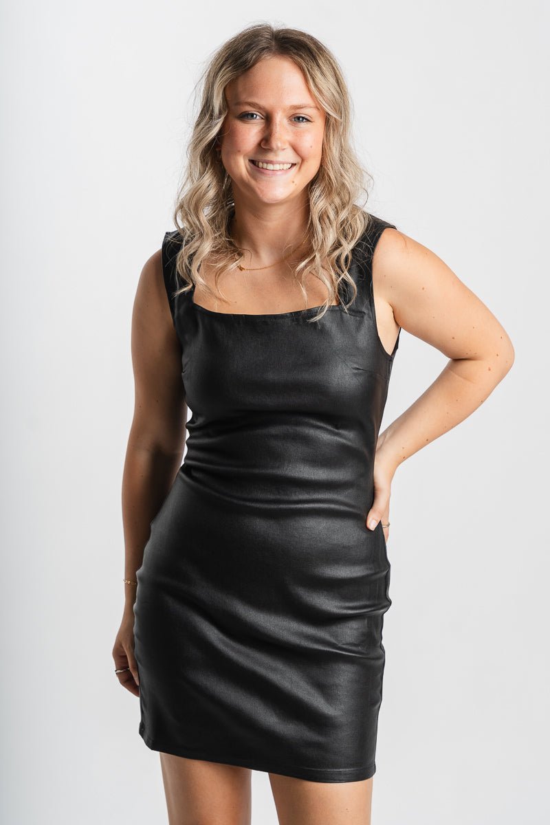 Square neck faux leather dress black - Cute dress - Trendy Dresses at Lush Fashion Lounge Boutique in Oklahoma City