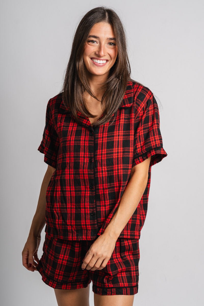 Plaid button up top red - Trendy top - Cute Loungewear Collection at Lush Fashion Lounge Boutique in Oklahoma City