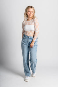 Floral lace bodysuit white Stylish Bodysuit - Womens Fashion Bodysuits at Lush Fashion Lounge Boutique in Oklahoma City