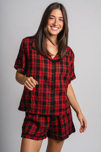 Plaid button up top red - Cute top - Fun Cozy Basics at Lush Fashion Lounge Boutique in Oklahoma City