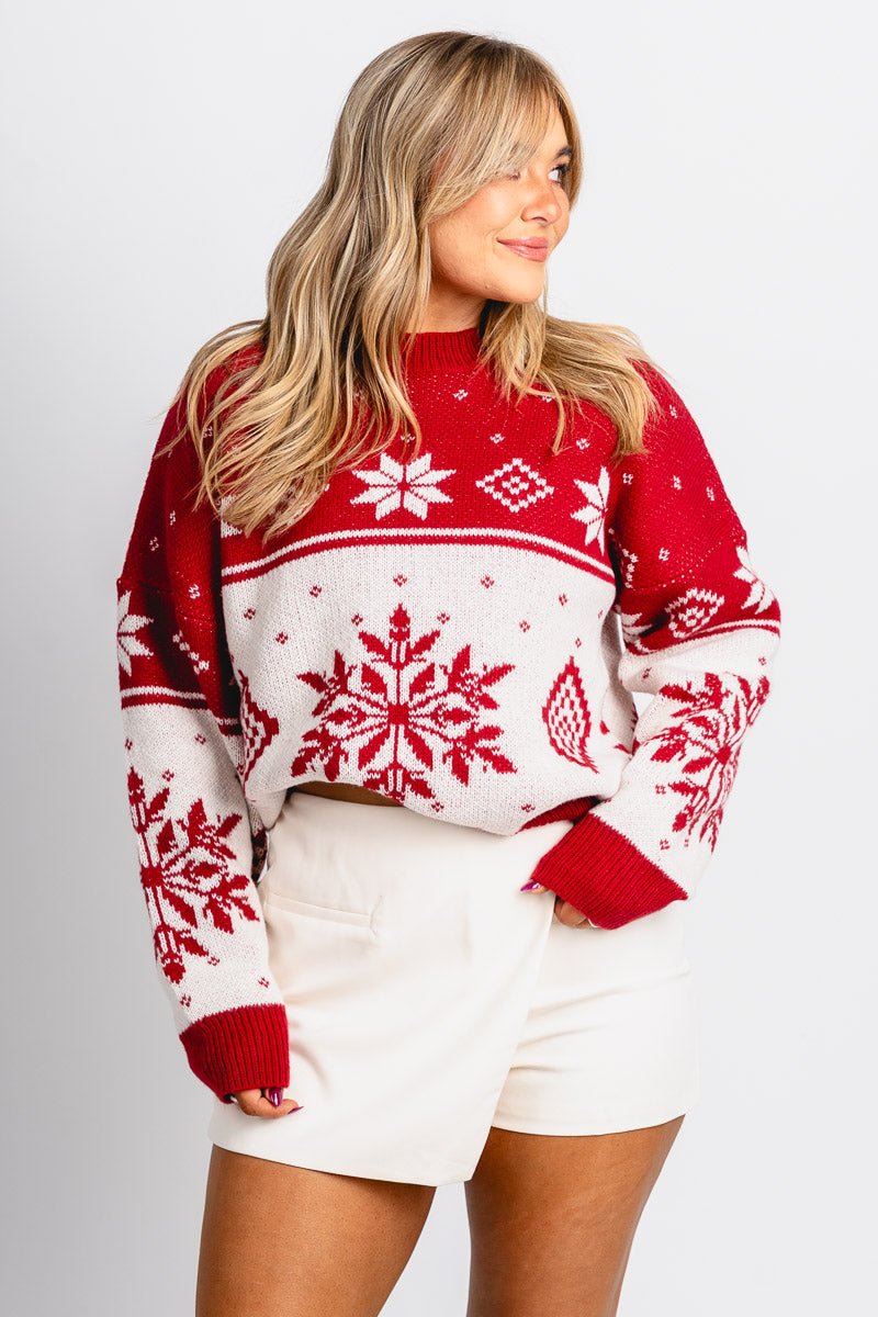 Snowflake Christmas sweater burgundy/ivory – Boutique Sweaters | Fashionable Sweaters at Lush Fashion Lounge Boutique in Oklahoma City