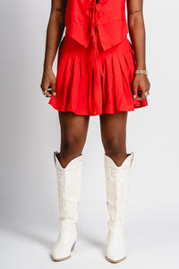 Pleated linen skirt red | Lush Fashion Lounge: boutique fashion skirts, affordable boutique skirts, cute affordable skirts