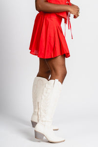 Pleated linen skirt red | Lush Fashion Lounge: boutique fashion skirts, affordable boutique skirts, cute affordable skirts