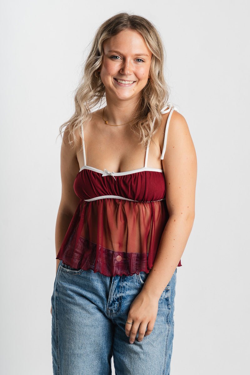 Mesh babydoll tank top burgundy - Affordable tank top - Boutique Tank Tops at Lush Fashion Lounge Boutique in Oklahoma City