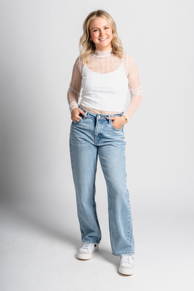Striped mesh bodysuit white - Trendy Bodysuit - Fashion Bodysuits at Lush Fashion Lounge Boutique in Oklahoma City