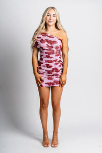 Floral mesh one shoulder dress pink/red - Trendy dress - Fashion Dresses at Lush Fashion Lounge Boutique in Oklahoma City