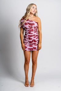 Floral mesh one shoulder dress pink/red Stylish dress - Womens Fashion Dresses at Lush Fashion Lounge Boutique in Oklahoma City