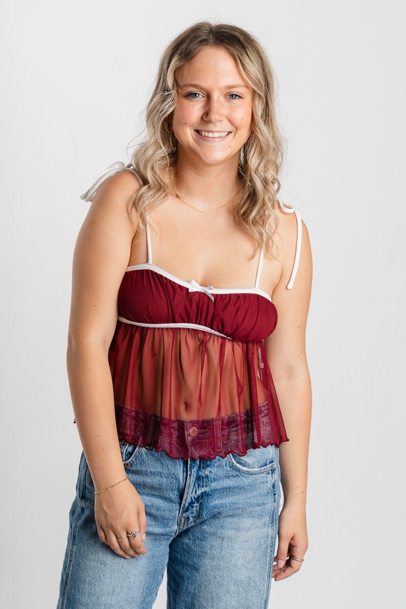 Mesh babydoll tank top burgundy - Cute tank top - Trendy Tank Tops at Lush Fashion Lounge Boutique in Oklahoma City