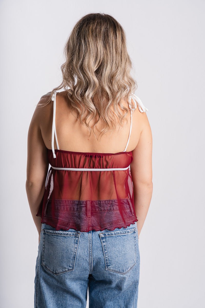 Mesh babydoll tank top burgundy