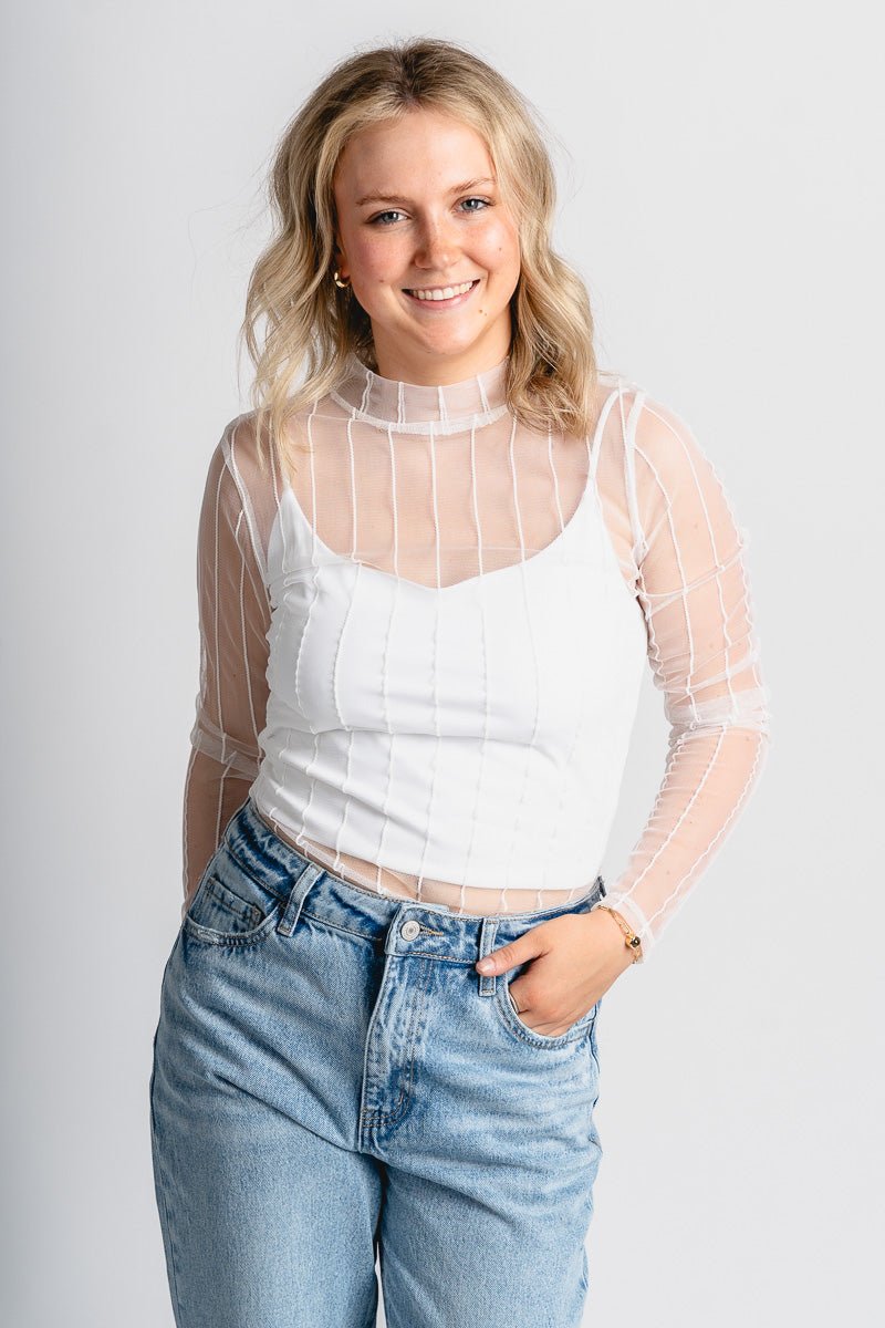 Striped mesh bodysuit white - Cute Bodysuit - Trendy Bodysuits at Lush Fashion Lounge Boutique in Oklahoma City