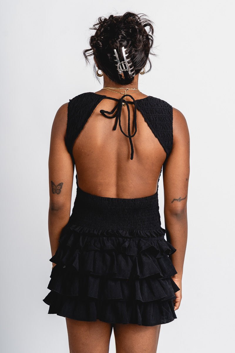 Smocked open back tank top black