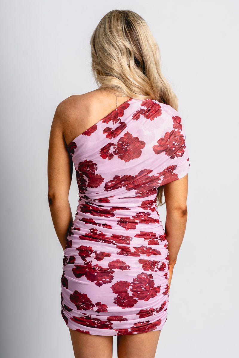 Floral mesh one shoulder dress pink/red