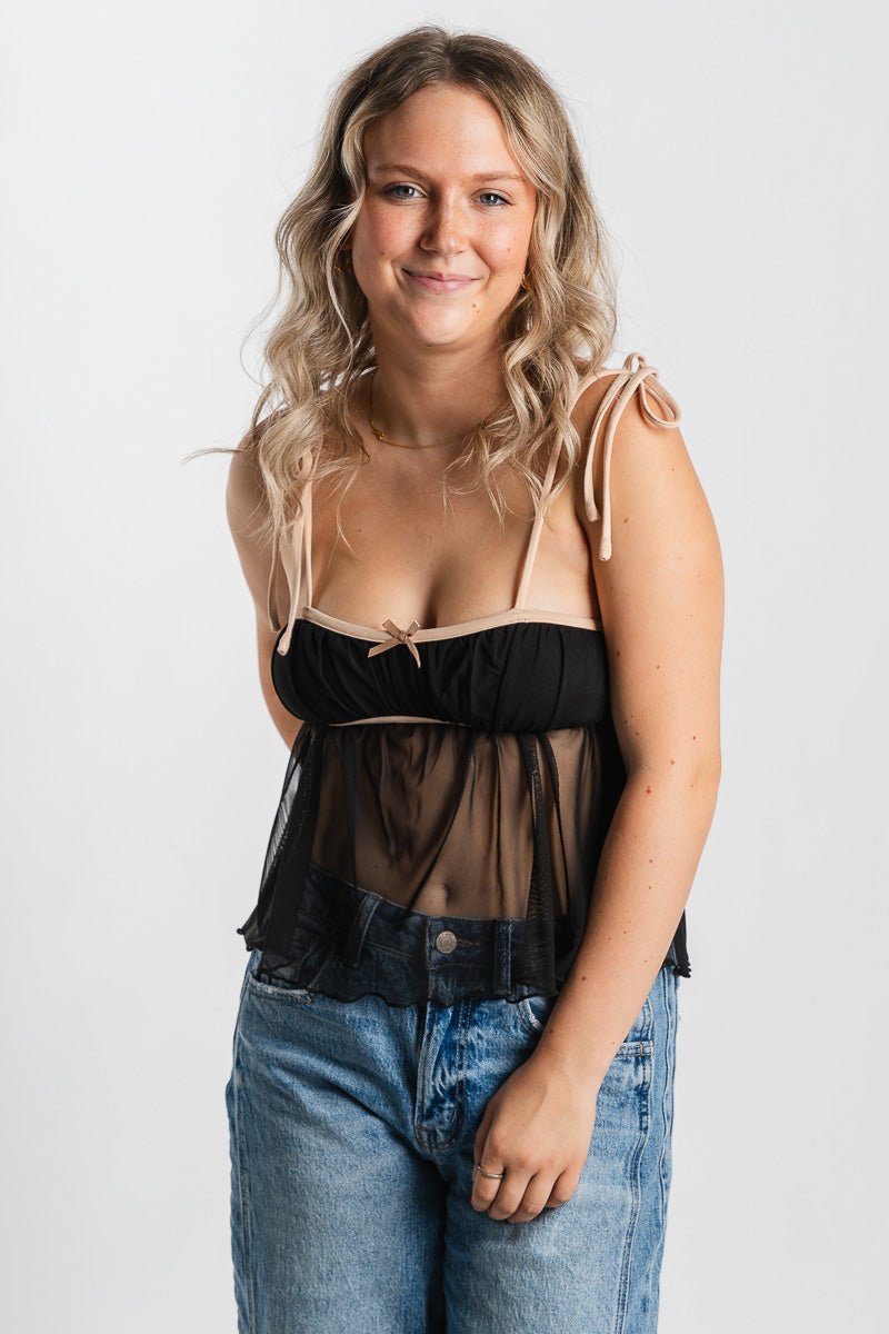 Mesh babydoll tank top black - Affordable tank top - Boutique Tank Tops at Lush Fashion Lounge Boutique in Oklahoma City