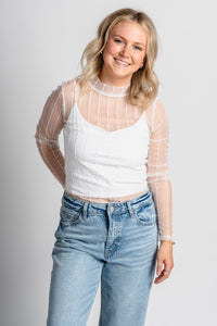 Striped mesh bodysuit white - Affordable Bodysuit - Boutique Bodysuits at Lush Fashion Lounge Boutique in Oklahoma City
