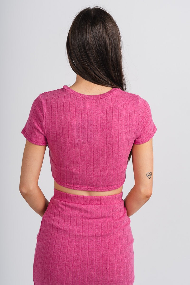 Ribbed short sleeve crop top hot pink - Adorable top - Stylish Vacation T-Shirts at Lush Fashion Lounge Boutique in Oklahoma City