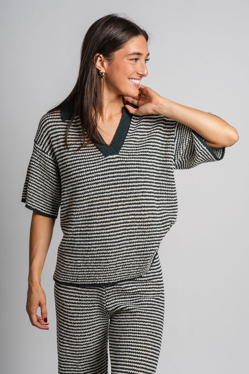 Striped short sleeve sweater hunter green - Adorable top - Stylish Comfortable Outfits at Lush Fashion Lounge Boutique in OKC