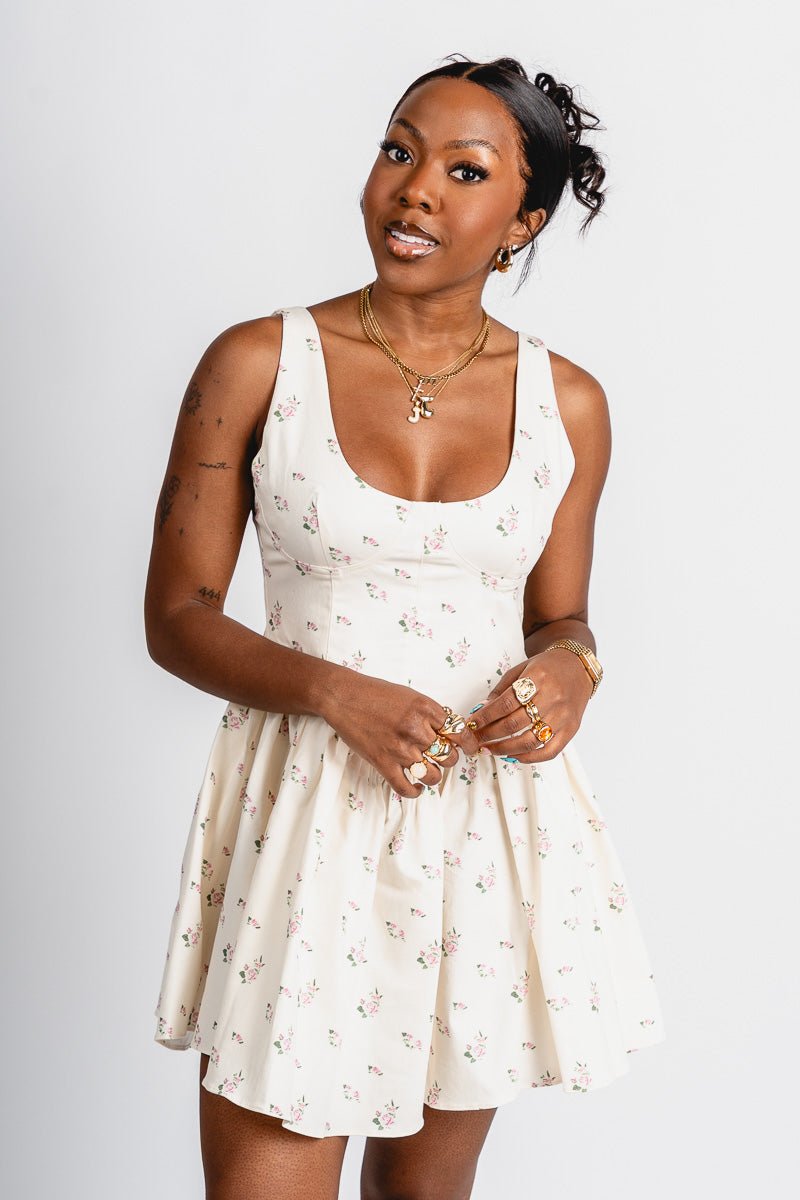 Floral corset mini dress cream - Affordable dress - Boutique Dresses at Lush Fashion Lounge Boutique in Oklahoma City