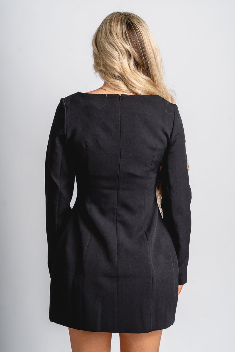 Boat neck long sleeve mini dress black