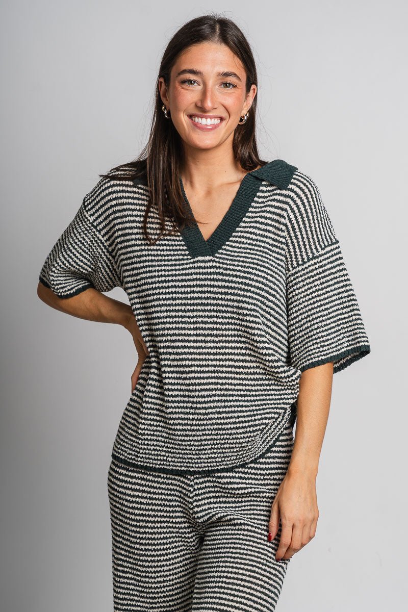 Striped short sleeve sweater hunter green - Cute top - Fun Cozy Basics at Lush Fashion Lounge Boutique in Oklahoma City