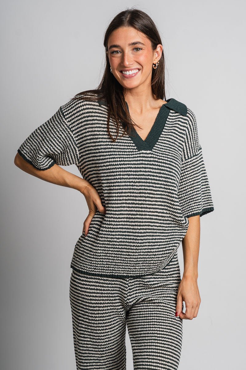 Striped short sleeve sweater hunter green - Trendy top - Cute Loungewear Collection at Lush Fashion Lounge Boutique in Oklahoma City