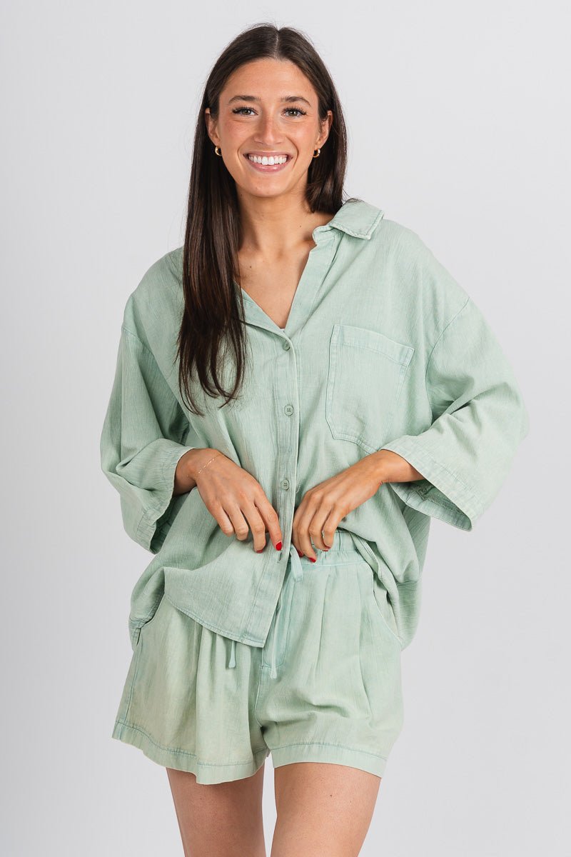 Short sleeve button down top washed olive