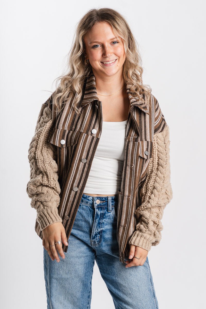 Cable knit sleeve jacket mocha – Trendy Jackets | Cute Fashion Blazers at Lush Fashion Lounge Boutique in Oklahoma City