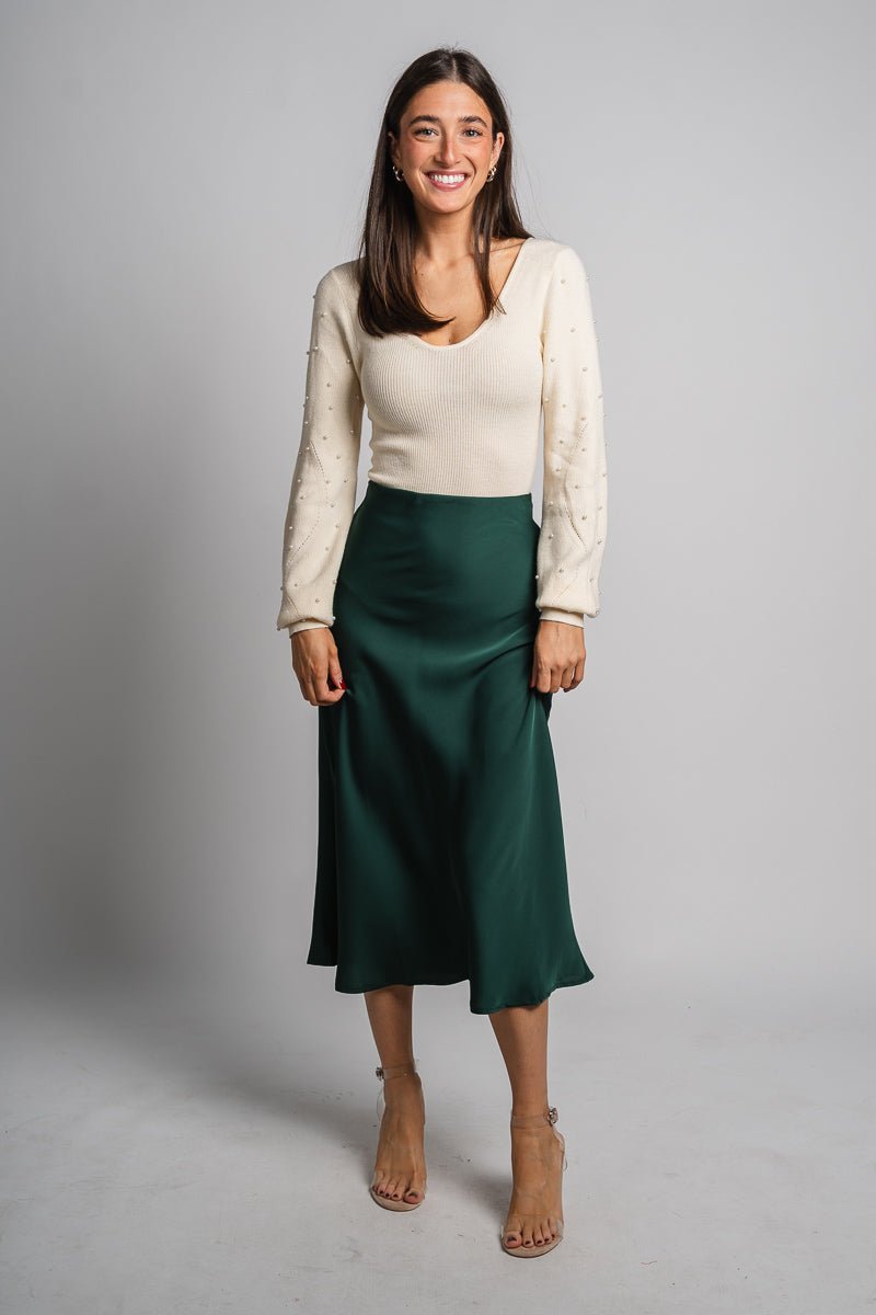 Satin midi skirt hunter green | Lush Fashion Lounge: boutique fashion skirts, affordable boutique skirts, cute affordable skirts