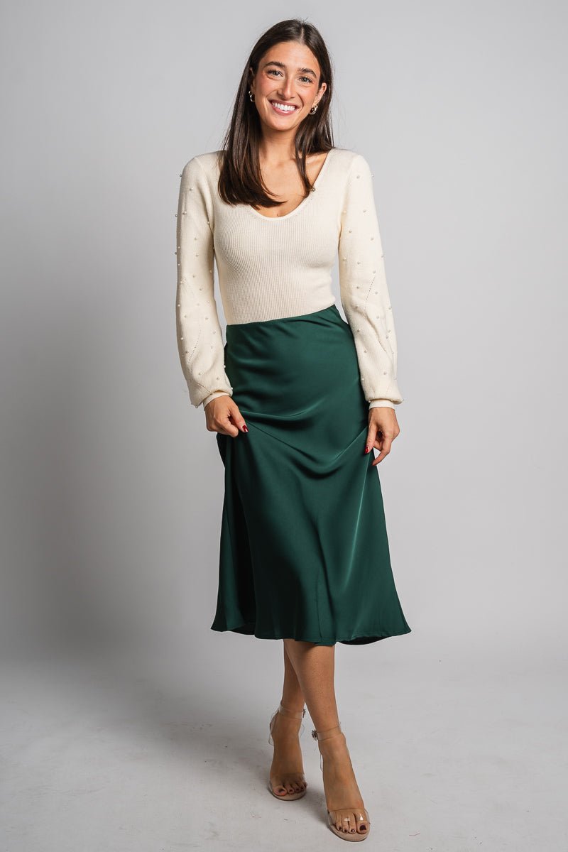 Satin midi skirt hunter green | Lush Fashion Lounge: boutique fashion skirts, affordable boutique skirts, cute affordable skirts