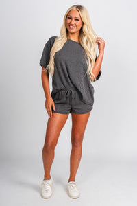 Ribbed short sleeve top charcoal - Stylish top - Trendy Lounge Sets at Lush Fashion Lounge Boutique in Oklahoma City