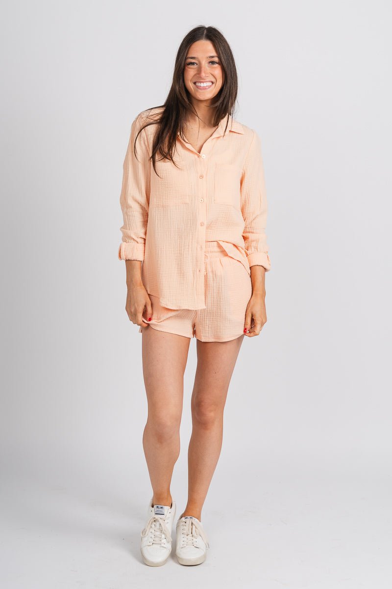 Z Supply Kaili button up top grapefruit - Stylish Top - Trendy Lounge Sets at Lush Fashion Lounge Boutique in Oklahoma City