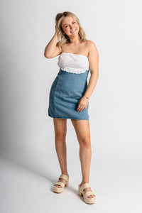 Strapless lace trim denim dress blue - Trendy dress - Fashion Dresses at Lush Fashion Lounge Boutique in Oklahoma City
