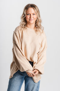 Oversized pocket sweater light taupe – Stylish Sweaters | Boutique Sweaters at Lush Fashion Lounge Boutique in Oklahoma City