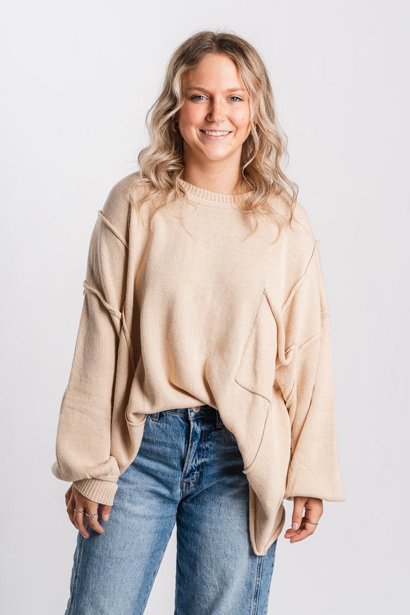 Oversized pocket sweater light taupe – Boutique Sweaters | Fashionable Sweaters at Lush Fashion Lounge Boutique in Oklahoma City