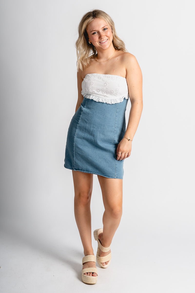 Strapless lace trim denim dress blue Stylish dress - Womens Fashion Dresses at Lush Fashion Lounge Boutique in Oklahoma City