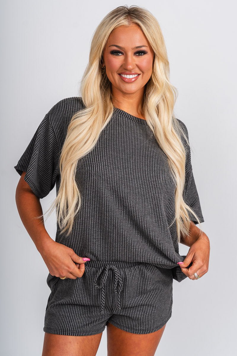 Ribbed short sleeve top charcoal - Cute top - Fun Cozy Basics at Lush Fashion Lounge Boutique in Oklahoma City